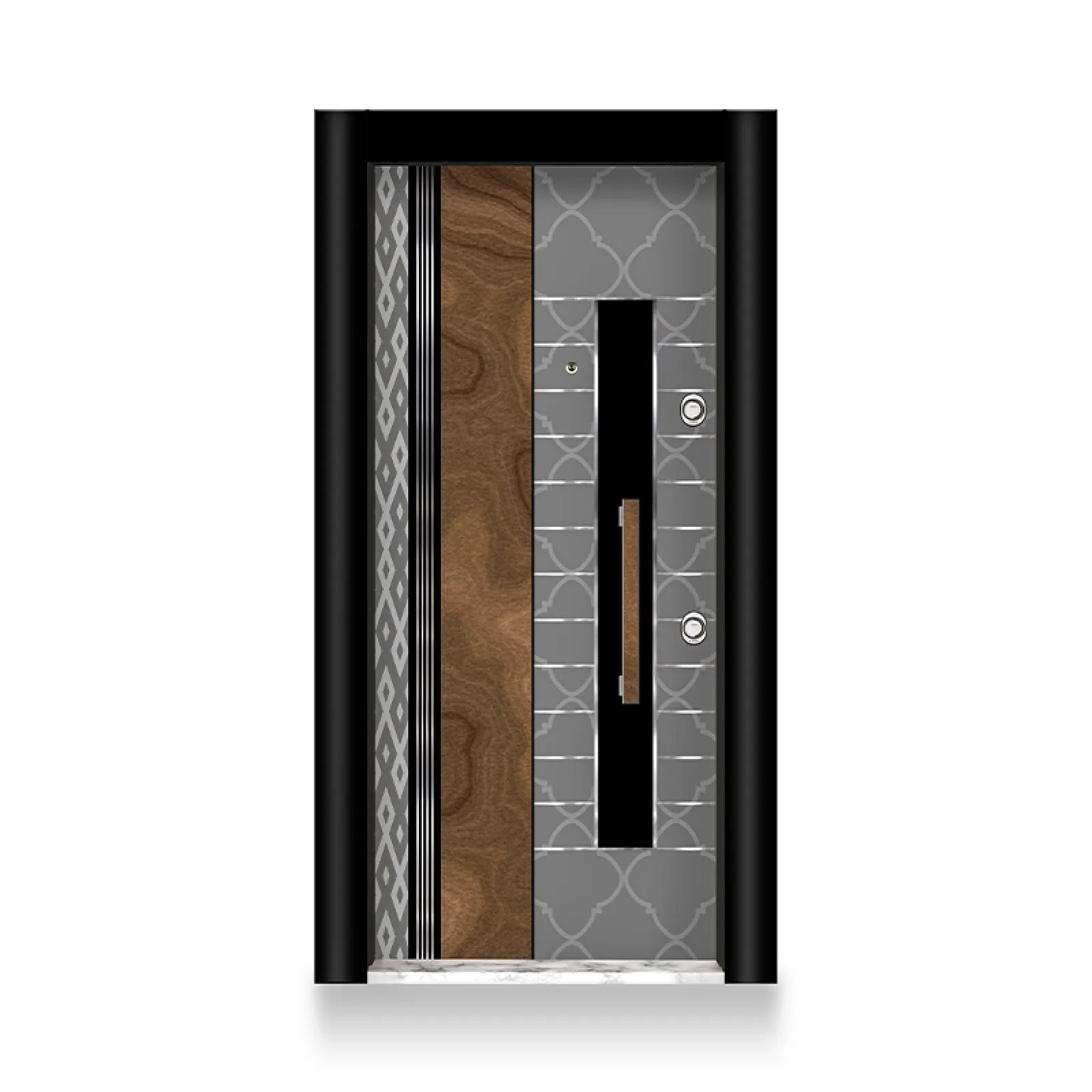 DAIRE-040 daire giriş çelik kapısı – koyu kasa içinde taş ve ahşap görünümünün dikey panellerle birleşmesi